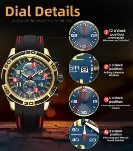 Detailed view of the multi-function gold watch dial with three sub-dials and date window
