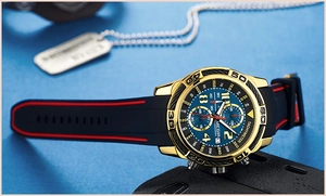 Detail shot of MEGIR sport chronograph with blue dial and black silicone strap