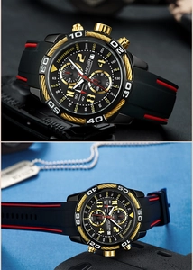 Close-up of MEGIR chronograph watch with black gold bezel and red silicone strap detail