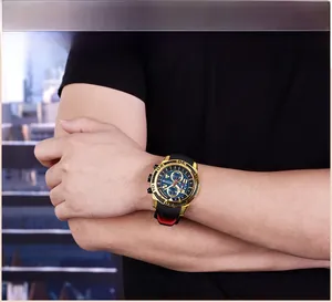Model wearing MEGIR men's chronograph watch with gold steel case and black silicone strap