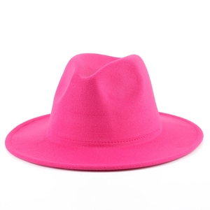 Classic rose red wool fedora hat with wide flat brim and teardrop crown for men and women