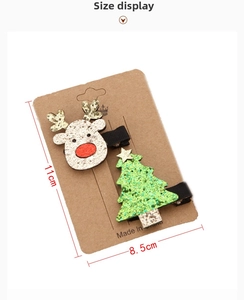 Christmas hair clips set size details featuring glitter reindeer and tree on craft card