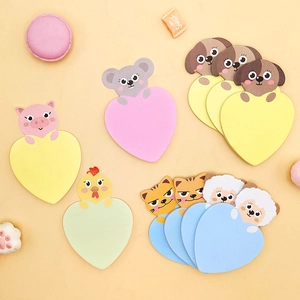 Cute cartoon animal heart shaped sticky notes set featuring pig, cat and dog designs