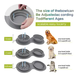 Size chart showing adjustable silicone pet bowl capacities and heights for various breeds
