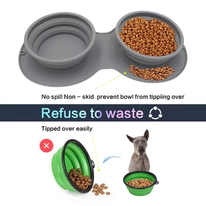 Close-up of portable silicone folding pet bowls with non-slip mat and dual-bowl design
