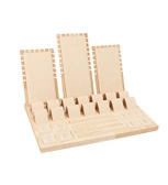 Detailed view of wooden jewelry display stand with multiple hooks and ring slots