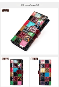 Vue détaillée du portefeuille long en cuir patchwork coloré avec textures crocodile et serpent