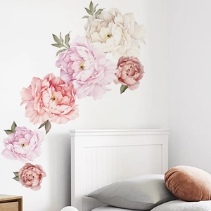 Watercolor peony wall stickers with pink and white floral motifs for bedroom decor