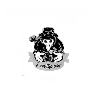 Detail of plague doctor enamel pin with I am the cure banner and size measurements