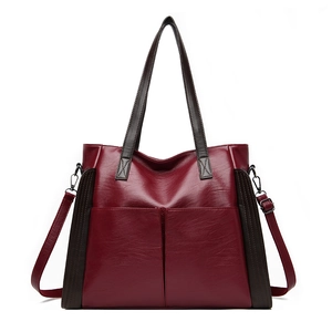 Large capacity dark red faux leather tote bag with brown straps and detachable shoulder strap
