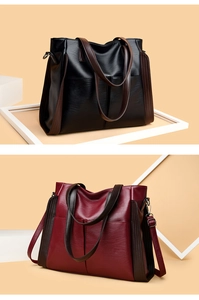 Collage of black and red faux leather tote bags with brown straps and adjustable belts