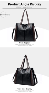 Detailed views of a large black soft leather tote with brown handles and shoulder strap