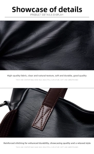 Detail of black lychee grain leather texture and reinforced brown strap cross-stitching