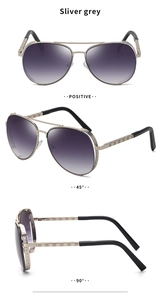 Three views of silver aviator sunglasses with purple gradient lenses and checkered temples