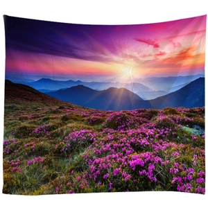 Purple lavender field tapestry with majestic mountains and sunrise for wall decoration