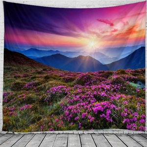 Mountain sunset flower sea tapestry hanging on a white brick wall for room decor