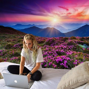 Large mountain sunset tapestry with pink flower field for dorm and bedroom wall decor