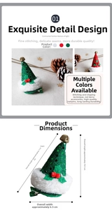 Detail showing colorful Christmas hat hair clips with sequins and dimensions 11x10.5cm