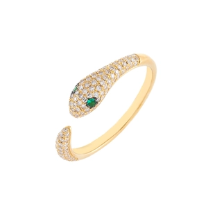 Close-up of gold-plated snake ring with white zircon pave and green gem eyes detail