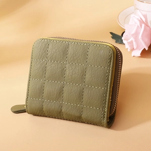 Olive green mini square zipper wallet with quilted lychee texture for women