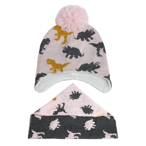 Detail of pink knitted hat with dinosaur patterns and thick fleece lining for kids