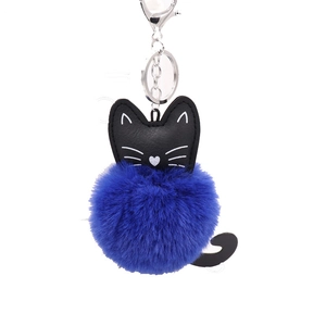 Cute black cat keychain with blue faux fur ball and metal hook for handbags