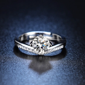 Detail of a six-prong silver ring with a large brilliant-cut diamond-like center stone