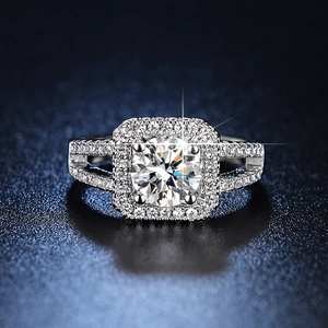 Macro view of square halo diamond ring with sparkling double-row diamond band