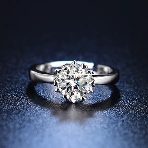 Macro view of a snowflake-shaped ring with a sparkling round diamond-style gemstone