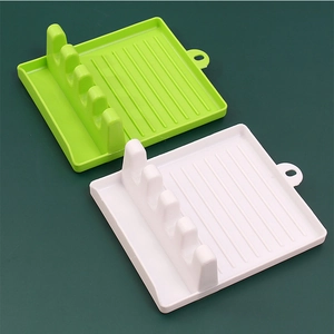 Dual-color plastic pot lid and spatula holder rack with multi-slot design for kitchen counter