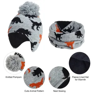 Children's winter knit dinosaur hat and scarf set with warm fleece lining and pompom