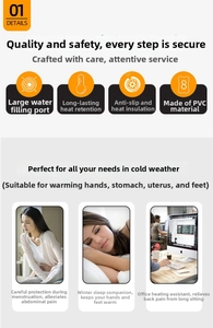 Detail showing PVC hot water bottle with wide mouth design and multiple warming uses