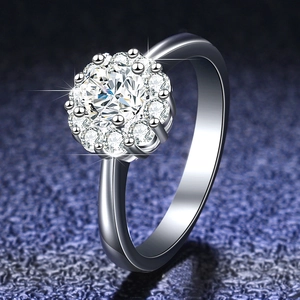 Detailed macro view of 925 silver halo ring with a 1ct round moissanite and side stones
