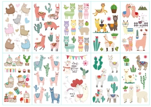 Set of 10 cute alpaca and cactus temporary tattoos in pastel colors for kids