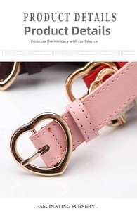 Detail of pink and red leather collars with heart-shaped gold metal buckles