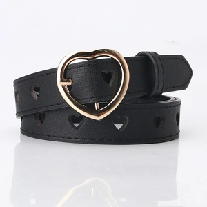 Women's black PU leather belt with heart cutout design and golden metal heart buckle