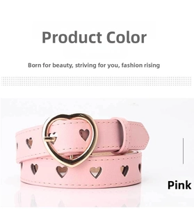 Detailed close-up of pink PU leather belt featuring a golden heart-shaped buckle and cutouts