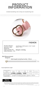 Size chart for heart buckle belt with detailed measurements in cm and product parameters