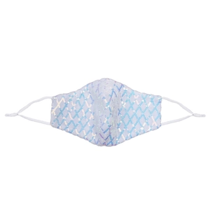 Detailed view of white sequin face mask with holographic diamond pattern and adjustable ear loops