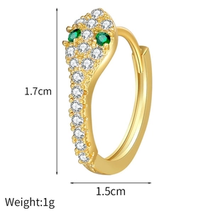 Gold snake earrings with white zircons and green gemstone eyes, 1.7cm height and 1.5cm width