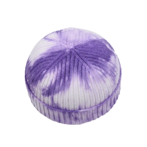 Purple and white tie-dye ribbed knit docker cap for men and women, stylish skull hat