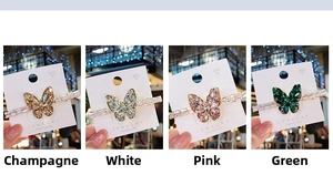 Collage showing butterfly hair clips in champagne, white, pink, and green zircon crystals