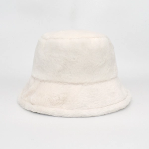 Detailed texture of creamy white faux fur bucket hat with soft plush material finish