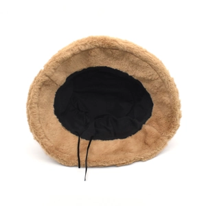 Brown faux mink fur bucket hat featuring a black fabric lining and adjustable inner strap