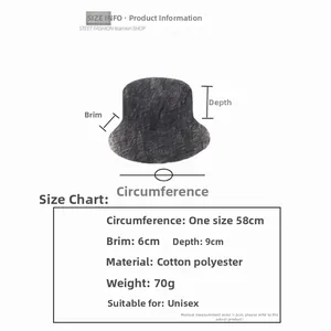 Size information guide for double-sided paisley bucket hat with detailed dimensions