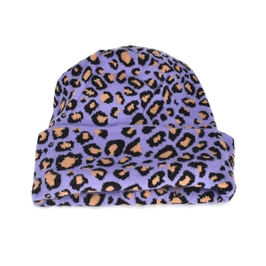 Stylish purple leopard print knitted beanie hat with a thick cuff for winter warmth