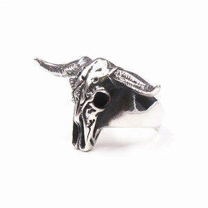 Polished vintage stainless steel Aries ram skull ring with detailed horns on white background