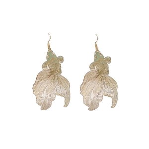 Chinese style koi fish earrings in gold finish with green enamel details and hollow wire design