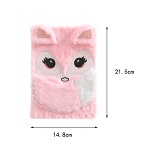 Pink plush cartoon fox notebook with size dimensions 21.5cm height and 14.8cm width