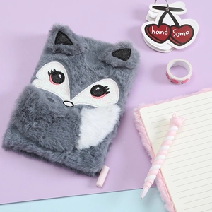 Cute grey plush fox notebook for girls with soft fur and decorative stationery